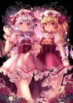  2girls ascot bat_wings black_background blonde_hair blurry blurry_foreground blush brooch closed_mouth corset crystal dark_background depth_of_field dress expressionless feet_out_of_frame flandre_scarlet flat_chest flower glint glowing grey_hair hair_between_eyes hat highres jewelry looking_at_viewer mob_cap momoyama_riyo multiple_girls one_side_up petticoat pink_dress pink_eyes plant puffy_short_sleeves puffy_sleeves red_dress red_flower red_rose remilia_scarlet rose short_hair short_hair_with_long_locks short_sleeves siblings simple_background sisters sparkle standing thorns touhou vines wings wrist_cuffs yellow_ascot 