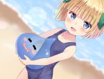  1girl 1other beach blonde_hair blue_eyes blue_one-piece_swimsuit blush bow child dragon_quest female_child hair_bow hero&#039;s_daughter_(dq5) looking_at_viewer monster one-piece_swimsuit open_mouth outdoors ribbon school_swimsuit short_hair slime_(creature) slime_(dragon_quest) smile swimsuit tenjou_ryuka 