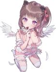  1girl animal_ear_piercing babydoll blunt_bangs blush bow breasts brown_hair candy capybara_ears cleavage closed_mouth commentary_request earrings feathered_wings feathers food frilled_babydoll frilled_shorts frills full_body hair_ornament hairclip heart heart_hair_ornament heart_lollipop high_side_ponytail holding holding_candy holding_food holding_lollipop jewelry kuzuhana large_breasts lollipop long_hair looking_at_viewer medium_bangs nanashi_inc. pink_bow pink_eyes pink_shorts seiza shaped_lollipop shorts sidelocks simple_background sitting smile solo stud_earrings thigh_strap thighhighs transparent_background virtual_youtuber white_babydoll white_thighhighs white_wings wings yunohara_izumi 