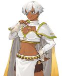  1girl armor artist_request atelier_(series) atelier_marie blue_eyes breastplate breasts brown_shorts cape dark-skinned_female dark_skin earrings elbow_gloves gloves hand_on_own_hip jewelry loincloth medium_breasts my_sextans navel official_art open_mouth short_hair shorts shoulder_pads simple_background smile solo standing white_cape white_gloves white_hair 