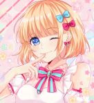  1girl ;) azusa_(azu_ai0421) bare_shoulders blonde_hair blue_eyes blush bow closed_mouth earrings finger_to_mouth floral_background hair_bow hand_up honeyworks jewelry kokuhaku_jikkou_iinkai looking_at_viewer narumi_mona one_eye_closed portrait raised_eyebrows short_hair sleeveless smile solo 