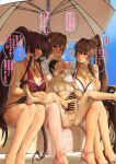  1boy 3girls absurdres admiral_(kancolle) assertive_female beach_umbrella bikini blush breasts brown_hair clothed_female_nude_male day grin group_sex hair_intakes hetero highres huge_breasts kantai_collection long_hair mrdotd multiple_girls multiple_persona nude open_mouth outdoors ponytail red_bikini sandals sarong smile striped striped_bikini swimsuit tall_female umbrella very_long_hair yamato_(kancolle) 