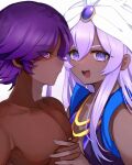  2boys arabian_clothes cookie_run dark-skinned_male dark_skin gem highres humanization lilac_cookie long_hair looking_at_viewer multiple_boys personification purple_eyes purple_hair short_hair upper_body user_vzpk8572 white_background yogurt_cream_cookie 