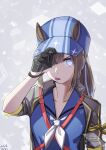  +_+ 1girl absurdres animal_ears asymmetrical_bangs bandana bandana_around_arm baseball_cap belt black_gloves black_jacket blue_eyes blue_headwear brown_hair collarbone crossed_belts dated dream_journey_(racehorse) ears_through_headwear genderswap genderswap_(mtf) gloves hair_over_one_eye half_gloves hand_on_headwear hat highres horse_ears horse_girl jacket long_hair looking_at_viewer neckerchief open_clothes open_jacket original personification red_belt shoulder_belt shuanghu-miku sidelocks solo tongue tongue_out umamusume upper_body v-shaped_eyebrows variant_set white_neckerchief yellow_bandana 