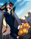  2023 4_toes anthro anthrofied areola artist_name breast_grab breasts building canid canine canis city claws cloud digital_media_(artwork) feet female fur hand_on_breast hi_res larger_anthro larger_female looking_down looking_up macro male mallowchu mammal micro multi_tail multicolored_body multicolored_fur nipples okuri_(orionmechadragon) pawpads reptile scalie size_difference size_play sky skyscraper smaller_anthro smaller_male snake tail toe_claws toes watermark wings wolf 