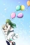  1boy 1girl :d balloon bare_arms blue_pants blue_sky closed_eyes collared_shirt commentary_request dress dutch_angle facing_another feet_out_of_frame floating floating_object full_body gradient_sky green_hair hug jumping kagerou_project kano_shuuya kido_tsubomi long_hair looking_at_another looking_to_the_side midair mokemoke_chan open_mouth outdoors pants partial_commentary shards shirt short_hair sky sleeveless sleeveless_dress sleeves_pushed_up smile sweat triangle white_dress white_shirt 