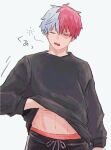  1boy abs absurdres bishounen black_sweater boku_no_hero_academia closed_eyes clothes_lift hand_under_clothes highres male_focus motion_lines open_mouth scar scar_on_face simple_background solo sound_effects sweater todoroki_shouto translation_request upper_body white_background 