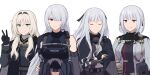  4girls absurdres ak-12_(girls&#039;_frontline) ak-15_(girls&#039;_frontline) ammunition_pouch an-94_(girls&#039;_frontline) blonde_hair blue_eyes breasts closed_eyes closed_mouth clothing_cutout defy_(girls&#039;_frontline) girls&#039;_frontline grey_hair highres midriff multiple_girls navel_cutout one_eye_covered open_mouth pouch purple_eyes rpk-16_(girls&#039;_frontline) short_hair simobulanka smile tactical_clothes upper_body v 