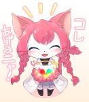  2018 anthro big_head blush bottomwear braided_hair cat_busters chibi clothed clothing coat cotora domestic_cat emanata eyes_closed felid feline felis female front_view full-length_portrait fully_clothed gem gradient_background grey_bottomwear grey_clothing grey_skirt hair holding_gem holding_object japanese_text lab_coat long_hair mammal neko_hakase offering_to_viewer open_mouth open_smile pigtails pink_hair pleated_skirt portrait simple_background skirt smile solo sparkles standing text topwear translation_request twin_braids whiskers 
