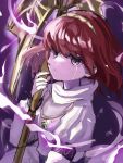  1girl aura crying crying_with_eyes_open dark_aura dress fire_emblem fire_emblem:_mystery_of_the_emblem fire_emblem_heroes hairband highres holding holding_staff leon0630claude long_sleeves maria_(fallen)_(fire_emblem) maria_(fire_emblem) mind_control red_hair short_hair solo staff tears upper_body white_dress 