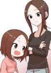  2girls absurdres brown_eyes brown_hair closed_mouth collarbone crossed_arms grey_pants highres inaba_mifumi karakai_jouzu_no_takagi-san long_hair looking_down mother_and_daughter multiple_girls nishikata_chii open_mouth pants parted_bangs pink_sweater ponytail shirt sidelocks smile sweatdrop sweater takagi-san 