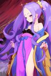  1girl bare_shoulders breasts chinese_clothes closed_mouth dress fate/grand_order fate_(series) forehead hair_ornament hair_scrunchie hanfu highres long_hair long_sleeves looking_at_viewer mightyjump98 off_shoulder parted_bangs pelvic_curtain purple_dress purple_eyes purple_hair scrunchie shawl sidelocks small_breasts smile solo sparkle thighs twintails very_long_hair wide_sleeves wu_zetian_(fate) yellow_scrunchie 