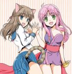 2girls animal_ears blue_eyes blue_skirt breasts brown_hair cat_ears cat_girl cat_tail character_request clothes_lift copyright_request fingerless_gloves gloves green_eyes holding_hands japanese_clothes kimono long_hair looking_at_viewer multiple_girls nagano_akane open_mouth pink_hair pleated_skirt pointy_ears school_uniform serafuku shirt short_kimono single_glove skirt skirt_lift sleeveless sleeveless_kimono smile tail thighs white_shirt yellow_gloves 