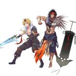  2boys abs bandaged_arm bandages bandana barefoot black_footwear black_gloves black_hair black_pants blonde_hair boots chest_tattoo commentary_request crazy02oekaki facial_hair father_and_son final_fantasy final_fantasy_x full_body gloves goatee highres holding holding_sword holding_weapon jecht male_focus mature_male medium_hair multiple_boys muscular muscular_male pants parted_bangs red_bandana scar scar_on_face short_hair sign single_bare_shoulder stretching sword tan tattoo teeth tidus weapon white_background 