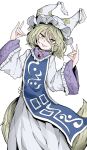  1girl absurdres animal_ears blonde_hair blush cosplay double_fox_shadow_puppet dress fe_(tetsu) fox_ears fox_shadow_puppet fox_tail hat highres kudamaki_tsukasa long_sleeves looking_at_viewer mob_cap short_hair simple_background smile solo tabard tail tongue tongue_out touhou white_background white_dress white_headwear wide_sleeves yakumo_ran yakumo_ran_(cosplay) yellow_eyes 