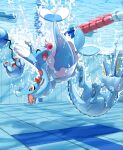  &gt;_&lt; :d ^_^ brionne closed_eyes commentary_request eyelashes fangs happy highres marill mukiguri no_humans open_mouth pokemon pokemon_(creature) pool smile tile_floor tile_wall tiles tongue totodile underwater vaporeon 