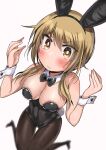  1girl animal_ears bare_shoulders black_leotard blonde_hair blurry blush bow bowtie breasts brown_eyes brown_pantyhose closed_mouth commentary_request covered_navel depth_of_field detached_collar fake_animal_ears fake_tail hair_between_eyes hands_up highres ichii_yui large_breasts leotard long_hair looking_at_viewer low_twintails nail_polish pantyhose pink_nails playboy_bunny rabbit_ears rabbit_tail simple_background solo strapless strapless_leotard sweatdrop tail tatsunokosso traditional_bowtie twintails white_background wrist_cuffs yuyushiki 