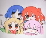  4girls blonde_hair blue_hair bocchi_the_rock! bow closed_eyes drumsticks gotoh_hitori green_eyes green_jacket hair_ornament hairclip holding holding_drumsticks ijichi_nijika jacket kita_ikuyo multiple_girls nan one_eye_closed orange_jacket pink_hair pink_jacket polka_dot polka_dot_bow red_hair side_ponytail v yamada_ryo yellow_eyes 