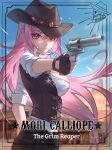  1girl black_gloves blurry blurry_background breasts cowboy_hat fingerless_gloves from_side gloves gun hat highres holding holding_gun holding_weapon hololive hololive_english jyuma large_breasts long_hair mori_calliope pink_hair red_eyes revolver solo virtual_youtuber weapon 