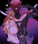  2boys bare_shoulders big_belly black_choker black_gloves blonde_hair choker dress genshin_impact gloves head_wreath highres long_hair long_sleeves looking_at_viewer male_focus male_pregnancy multiple_boys orange_hair red_mask redbeanegg short_hair tartaglia_(genshin_impact) v white_dress yaoi yellow_eyes 