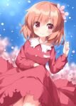  1girl aki_shizuha blue_sky blurry blurry_background breast_pocket buttons collar dress flower highres one-hour_drawing_challenge pink_dress pink_flower pink_hair pink_skirt pocket red_eyes ruu_(tksymkw) skirt sky touhou white_collar 