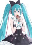  1girl absurdres aqua_eyes aqua_hair aqua_necktie bare_arms black_bow black_dress bow cable commentary cowboy_shot dress eating food framed_breasts frilled_dress frills gloves hair_bow hatsune_miku headphones highres holding holding_food hoop_skirt light_blush long_hair looking_down magical_mirai_(vocaloid) magical_mirai_miku magical_mirai_miku_(2016) necktie okome_(okome_0627ha) open_mouth roasted_sweet_potato shirt short_necktie simple_background sleeveless sleeveless_dress solo steam sweet_potato twintails very_long_hair vocaloid white_background white_gloves white_shirt 