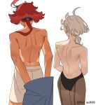  2girls ahoge back back_turned bare_back gundam gundam_suisei_no_majo highres miorine_rembran multiple_girls pantyhose red_hair scratches shoulder_blades suletta_mercury undressing white_hair yurisuki00 