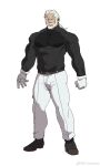  1boy bara check_copyright copyright_request frown full_body gloves highres konohanaya large_pectorals long_hair looking_ahead low_ponytail male_focus mature_male muscular muscular_male old old_man original pants pectorals shirt solo standing strongman_waist tachi-e thick_eyebrows tight_clothes tight_shirt white_background white_hair 