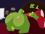 absurd_res anthro belly_lentel bellyboi13 big_butt butt freckles hi_res huge_butt kobold lizard lying male on_front pillow rear_view reptile scalie short_stack simple_background sleeping solo sound_effects under_covers vowelless vowelless_sound_effect zzz 