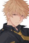  1boy blonde_hair collared_shirt commentary_request helios_rising_heroes highres looking_at_viewer male_focus necktie parted_lips partial_commentary sekina shirt short_hair simple_background solo white_background will_sprout yellow_eyes yellow_necktie 