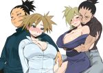  absurdres arm_around_shoulder black_hair blonde_hair blush breasts cleavage hair_over_one_eye highres holding_hands hug hug_from_behind huge_breasts husband_and_wife japanese_clothes kimono large_breasts nara_shikamaru naruto_(series) off_shoulder parted_lips quad_tails smile sweatdrop temari_(naruto) twintails whoopsatro 