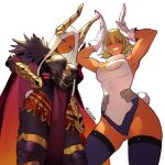  2girls :d alternate_costume animal_ears armor armored_boots armpits arms_up artist_name bare_shoulders black_armor black_feathers boku_no_hero_academia boots breastplate breasts cape chest_armor cosplay costume_switch crescent_print dark-skinned_female dark_skin fake_animal_ears fake_tail feather_trim feathers fire_emblem fire_emblem_heroes fur_collar gauntlets gloves green_hair hair_ornament hand_on_own_hip highleg highleg_leotard laegjarn_(fire_emblem) laegjarn_(fire_emblem)_(cosplay) large_breasts leotard long_eyelashes long_hair looking_at_viewer meziosaur mirko mirko_(cosplay) multiple_girls pantyhose parted_bangs pelvic_curtain purple_thighhighs rabbit_ears rabbit_girl rabbit_pose rabbit_tail red_cape red_eyes smile tail tail_through_clothes thighhighs thighs toned white_background white_gloves white_hair white_leotard 