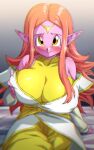  1girl bare_shoulders blush breasts chronoa closed_mouth colored_skin dragon_ball dragon_ball_heroes earrings huge_breasts jewelry long_hair looking_at_viewer orange_hair pink_skin pointy_ears potara_earrings rom_(20) sitting smile solo yellow_eyes 