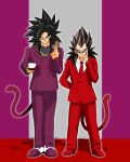  2boys absurdres black_hair collared_shirt dragon_ball dragon_ball_gt formal highres holding jacket male_focus monkey_boy monkey_tail multiple_boys muscular muscular_male red_fur saiyan shirt smirk son_goku spiked_hair suit suit_jacket sunglasses super_saiyan super_saiyan_4 tail vegeta yuuri_(fukuroudou) 