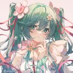 1girl artist_name closed_mouth commentary detached_sleeves flower frilled_sleeves frills green_eyes green_hair hair_flower hair_ornament hand_up hatsune_miku lixiang_guo_alice long_hair looking_at_viewer magical_mirai_(vocaloid) magical_mirai_miku magical_mirai_miku_(2021) shirt single_bare_shoulder sleeveless sleeveless_shirt solo symbol-only_commentary twintails upper_body vocaloid white_flower white_shirt 