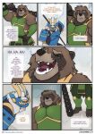  anthro arashi_(leobo) armor barefoot blue_armor brown_body brown_fur canid canine close-up club_(weapon) color_coded_text comic dialogue duo english_text eyes_closed feet felid fighting_pose fur green_armor green_eyes halberd headgear helmet hi_res holding_object holding_weapon imminent_fight kotaro_(leobo) laugh leobo male mammal mask melee_weapon page_number pantherine patreon patreon_logo polearm pose raccoon_dog red_eyes seven_frame_image speech_bubble standing surprise tanuki text tiger url weapon weapon_on_shoulder 