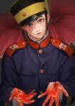  1boy absurdres black_headwear blood blood_on_hands buzz_cut flower golden_kamuy hat highres imperial_japanese_army kepi long_sleeves looking_at_viewer male_focus military military_hat military_uniform reman_kamuy short_hair solo uniform upper_body usami_tokishige very_short_hair 