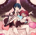  1boy 1girl :d black_footwear black_necktie black_thighhighs blue_eyes blue_hair bow brown_sailor_collar brown_skirt brown_vest chromatic_aberration collared_shirt commentary_request employee_(lobotomy_corporation) fang hair_bow heart heart_pillow lobotomy_corporation mary_janes medu_(rubish) miniskirt necktie open_mouth original pants pillow pleated_skirt project_moon red_hair sailor_collar sailor_shirt school_uniform serafuku shirt shoes short_hair short_twintails skirt smile striped striped_thighhighs sweat teardrop_facial_mark thighhighs twintails vest white_bow white_pants white_shirt 