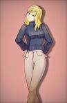  1girl blonde_hair blue_sweater breasts brown_pants casual final_fantasy final_fantasy_tactics hands_on_own_hips highres long_hair looking_to_the_side medium_breasts milleuda_folles nose open_mouth pants shadow simple_background solo soosupaan sweater yellow_eyes 