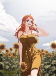  1girl absurdres arm_tattoo breasts brown_eyes cleavage day dress field flower flower_field hand_in_own_hair highres holding holding_flower large_breasts long_hair mr_piedra nami_(one_piece) one_piece open_mouth orange_hair outdoors smile solo standing sunflower tattoo teeth 