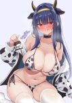  1girl :q animal_ears animal_print bikini black_choker blue_hair blush breasts choker closed_mouth collarbone cow_ears cow_horns cow_print cow_print_bikini hairband highres holding_carton horns ineedu041_tako jacket large_breasts long_hair looking_at_viewer milk_carton navel off_shoulder original print_bikini red_eyes simple_background sitting skindentation solo stomach sweat swimsuit thighhighs tongue tongue_out very_long_hair white_background white_thighhighs yellow_hairband 