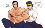  2boys abs arm_hair bara black_hair black_pants blush chest_hair closed_mouth english_text facial_hair foazycozy golden_kamuy hat large_pectorals looking_at_another male_focus military_hat multiple_boys muscular muscular_male navel navel_hair nipples pants pectorals scar scar_on_cheek scar_on_face scar_on_mouth scar_on_nose shirt short_hair sideburns simple_background sugimoto_saichi tanigaki_genjirou topless_male white_shirt yaoi 
