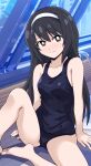  1girl barefoot black_hair blue_one-piece_swimsuit blush bright_pupils brown_eyes closed_mouth feet foot_out_of_frame frown girls_und_panzer hairband highres indoors knee_up legs long_hair looking_at_viewer old_school_swimsuit one-piece_swimsuit ponzu_rui rei_no_pool reizei_mako school_swimsuit sitting solo swimsuit toes white_hairband white_pupils 
