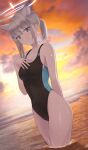  1girl absurdres animal_ear_fluff animal_ears black_one-piece_swimsuit blue_archive blue_eyes breasts competition_swimsuit covered_navel cowboy_shot cross_hair_ornament dutch_angle extra_ears gradient_sky grey_hair hair_ornament halo hand_on_own_chest highres horizon looking_at_viewer low_ponytail medium_breasts medium_hair mismatched_pupils multicolored_clothes multicolored_swimsuit ocean one-piece_swimsuit orange_sky parusu_(ehyfhugj) shiroko_(blue_archive) shiroko_(swimsuit)_(blue_archive) sky solo standing sunset swimsuit wading wolf_ears 