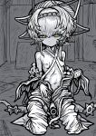  1girl absurdres braid breasts clothes_down commentary_request crown_braid expressionless fate/grand_order fate_(series) green_eyes greyscale hat highres looking_at_viewer monochrome navel nazo_no_diaboro nipples overalls painting_(object) parted_lips short_hair sitting small_breasts smile solo spot_color straw_hat van_gogh_(fate) wariza 
