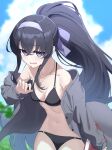 1girl bikini black_bikini black_hair blue_archive blue_bikini blue_eyes blue_hairband blue_sky book breasts cardigan cloud collarbone crossed_bangs daifuku_(tkja3555) day grey_card hair_between_eyes hairband highres holding holding_book jewelry long_hair looking_at_viewer medium_breasts navel necklace o-ring o-ring_bikini o-ring_top official_alternate_costume open_cardigan open_clothes outdoors ponytail sky solo swimsuit ui_(blue_archive) ui_(swimsuit)_(blue_archive) very_long_hair 