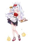  1girl absurdres alternate_costume apron azur_lane bare_arms bare_shoulders blue_eyes breasts burger collarbone controlline3 cross-shaped_pupils food french_fries full_body highres le_malin_(azur_lane) long_legs manjuu_(azur_lane) pleated_skirt shirt shoes sidelocks simple_background skinny skirt sleeveless small_breasts solo symbol-shaped_pupils twintails white_apron white_background white_hair white_shirt 