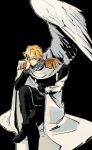  1boy absurdres angel_wings black_background black_pants blonde_hair blue_eyes cape curly_hair epaulettes foot_out_of_frame ginga_eiyuu_densetsu hand_on_own_face highres male_focus military_uniform obliviate731 pants reinhard_von_lohengramm simple_background sitting solo tears uniform white_cape wings 