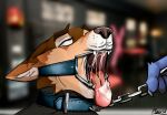  anthro bodily_fluids canid canine canis chain chain_leash chained collar cum cum_in_mouth cum_inside cum_on_face dental_gag duo gag gagged genital_fluids hi_res leash leash_pull leather male mammal narrowed_eyes open_mouth pleaxwolf solo wolf 