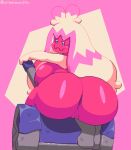  absurd_res anthro anus artist_name big_butt big_nipples breasts butt closed_smile eyebrow_through_hair eyebrows female generation_9_pokemon glistening glistening_breasts glistening_butt hair hammer hi_res huge_butt looking_back melomor mouth_closed narrowed_eyes nintendo nipples pink_background pink_body pink_nipples pink_skin pokemon pokemon_(species) rear_view signature simple_background sitting smile smug solo tinkaton tools translucent translucent_hair watermark white_hair 